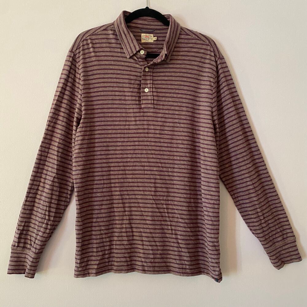 Faherty Purple Freemont Striped Long Sleeve Collared Henley Shirt Men size Large